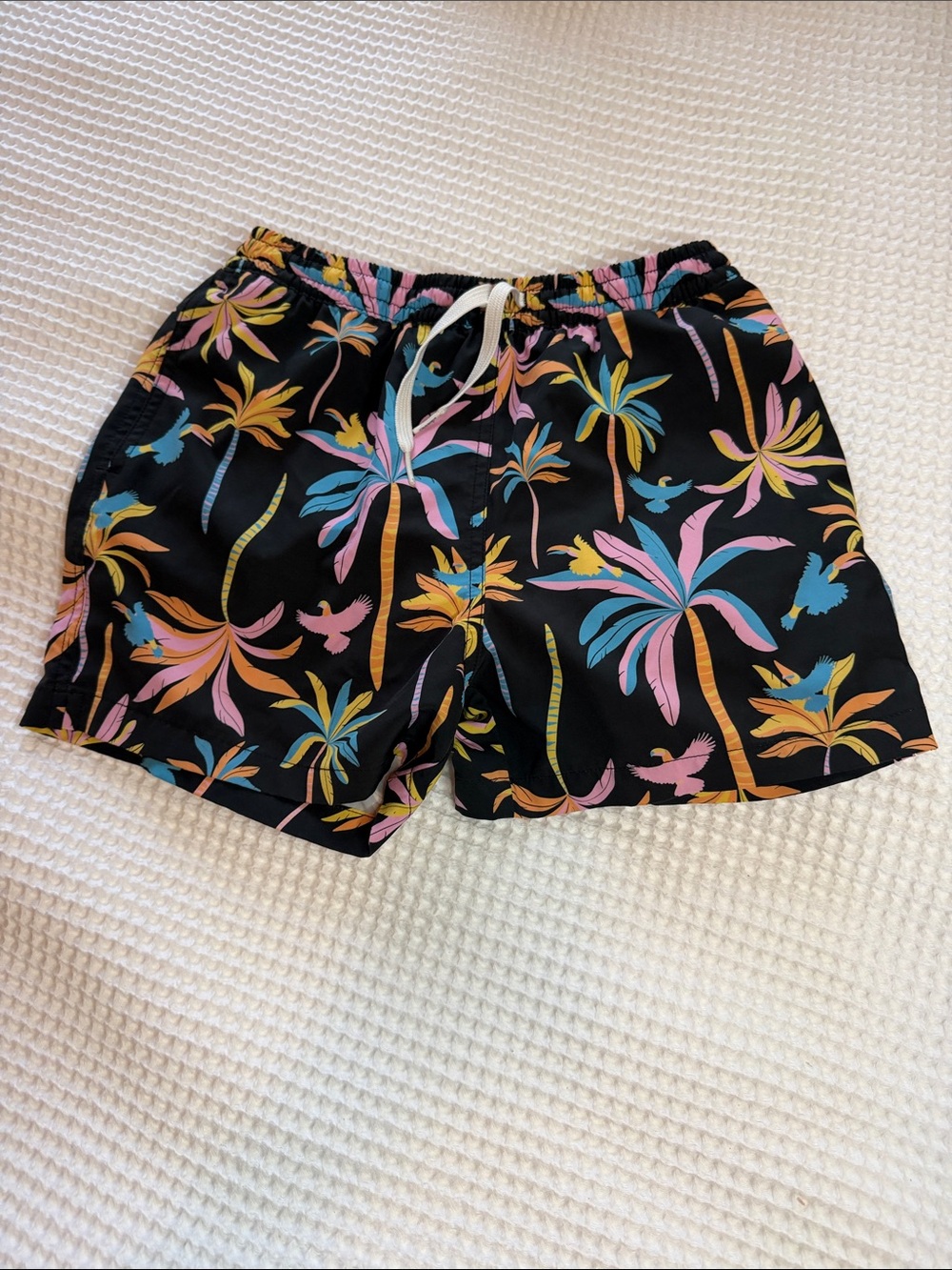 chubbies Black Swim Trunks with Pink, Blue and Yellow Palm Print
